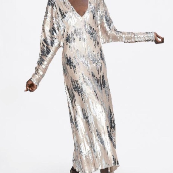 Zara Silver Sequin Maxi Dress | Cream V-Neck Gown | Small, Like New - Picture 3 of 7